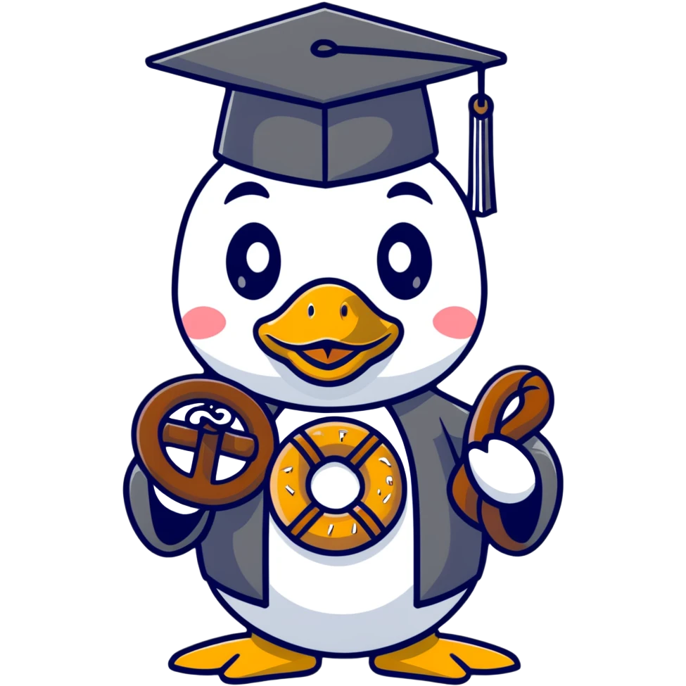 duck with bread graduation cap holding a pretzel emoji