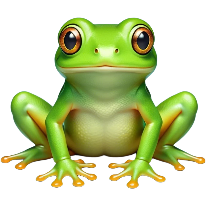 Cinematic Cute Green Tree Frog Portrait Emoji, Head tilted playfully and inquisitively, featuring a charmingly compact form with vivid green, slightly textured skin, prominent sticky toe pads, and round, sparkling eyes full of playful wonder, Simplified yet irresistibly adorable features, highly detailed, glowing with a warm, inviting jungle glow, high shine, affectionate and lively, stylized with a touch of tropical whimsy, soft glowing outline, capturing the essence of a mischievous yet loving frog that seems as if it could hop out of the screen into your arms! emoji