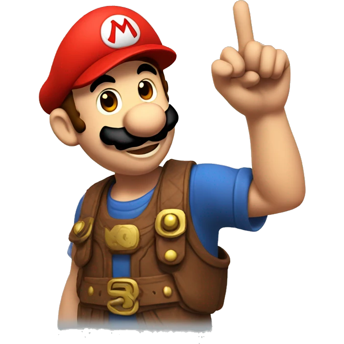 mario holding his hat and giving a peace sign with his hand emoji