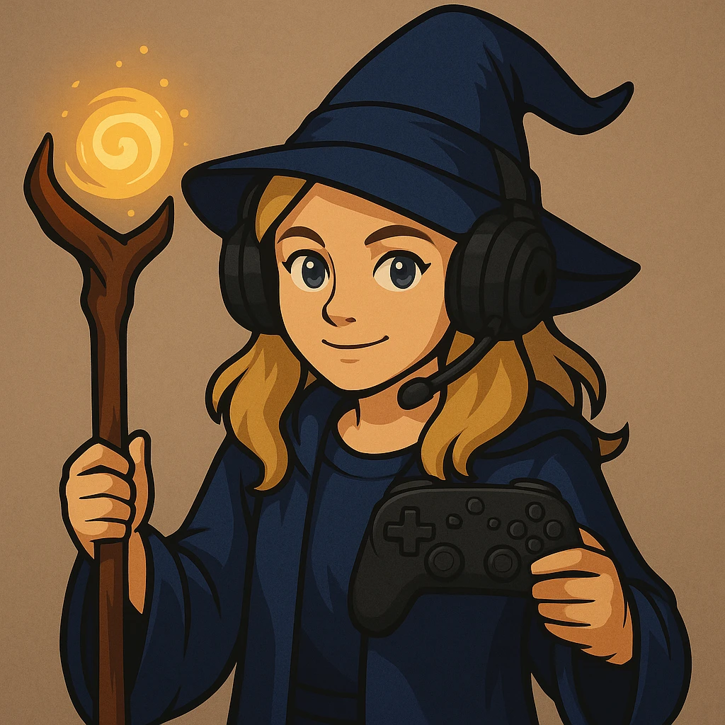 Make the girl wizard have blond hair, blue eyes, and a dark blue outfit. She is a gamer with a magic staff and game controller, wearing a wizard hat and headphones. Keep the gaming and magical theme consistent. emoji