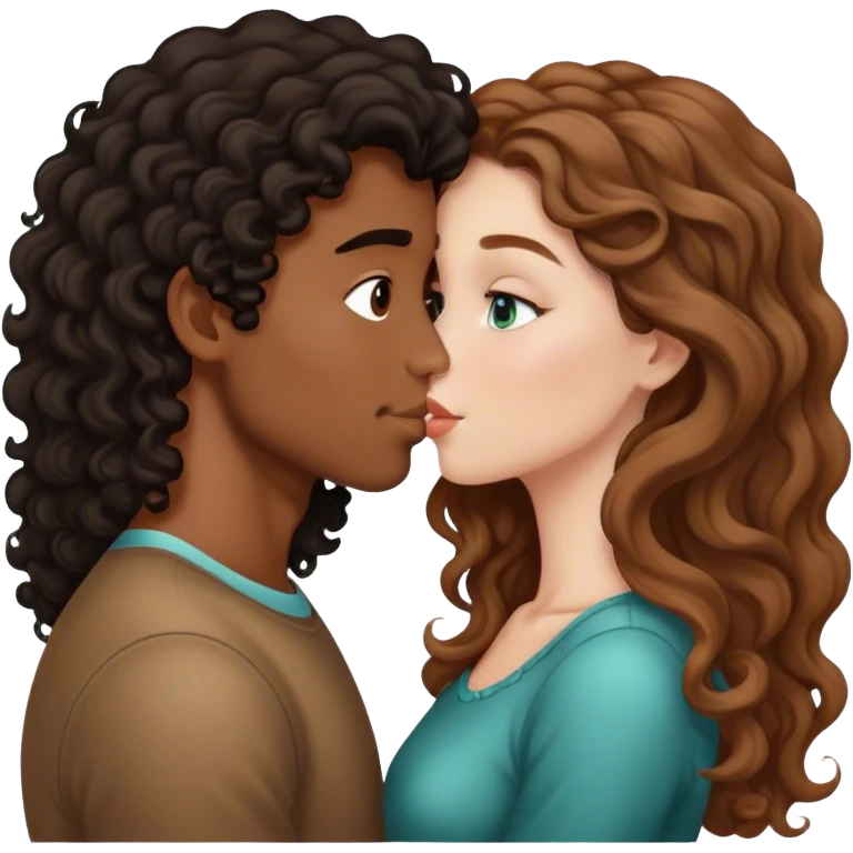 White girl with brown hair kissing a brown boy with curly hair  emoji