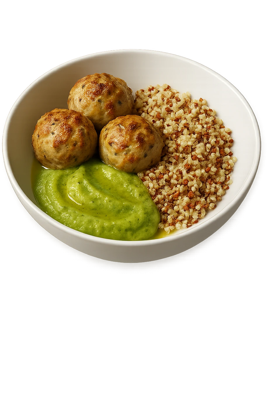 bowl bianca fluttua in aria con polpette di tacchino, purè di zucchine, quinoa e olio di oliva, iperrealistico 4k emoji
