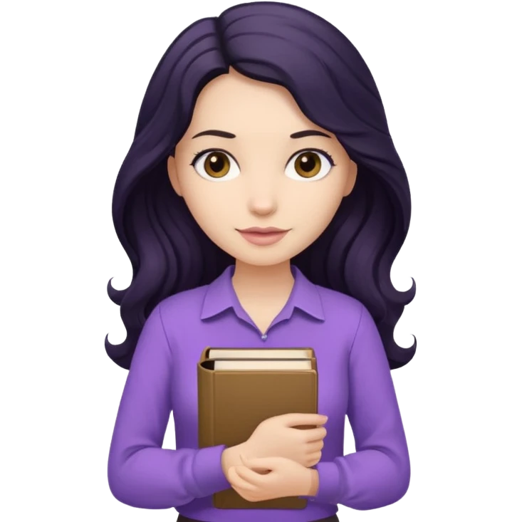 Long Hair Women with Black wavy hair, with purple Book, beige shir, without background emoji