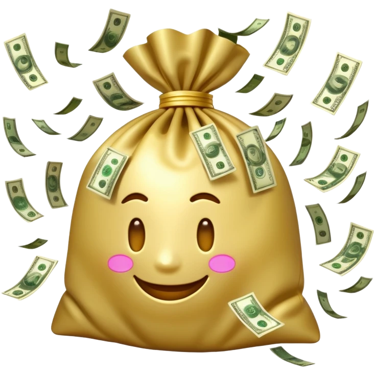 

3D emoji style, big bag of money, flying dollar bills, rich casino vibe, smooth lighting, high detail, clean edges, transparent background



 emoji