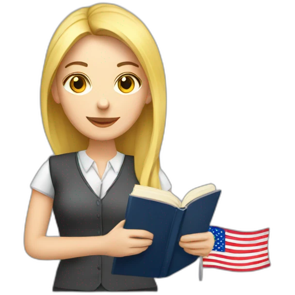 English teacher female with English book with Ukrainian and usa flags emoji
