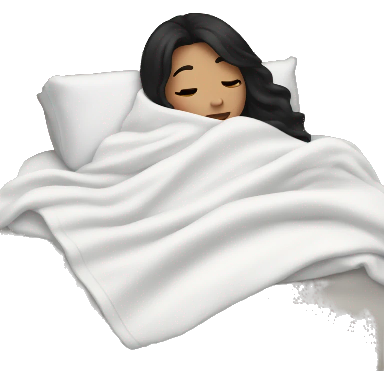 Woman with black hair  laying down cozy in a white blanket  emoji