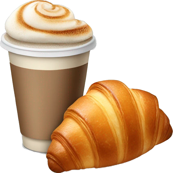 Disposable cup with cappuccino and croissant emoji