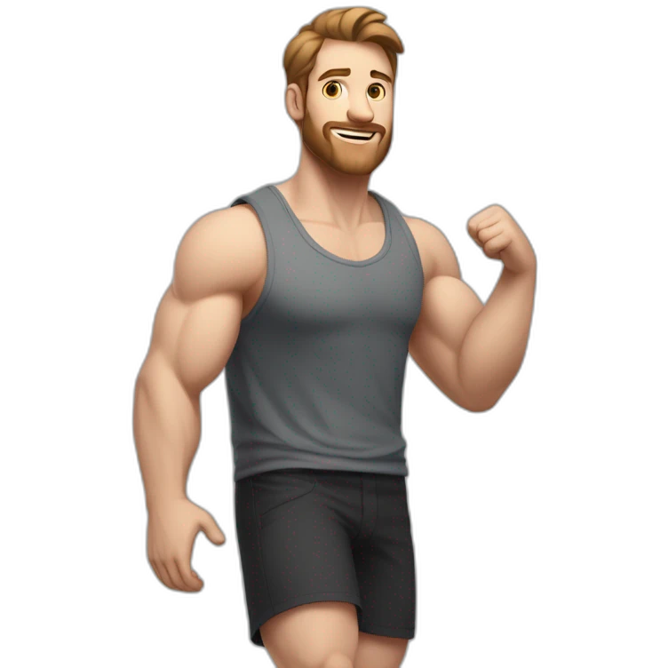 Full height Actively gesturing with hands Pale skinned Fit Man With the biceps and brown hair in dark gray Sleeveless Mike, black oversize sports shorts, watch and white Sneakers emoji