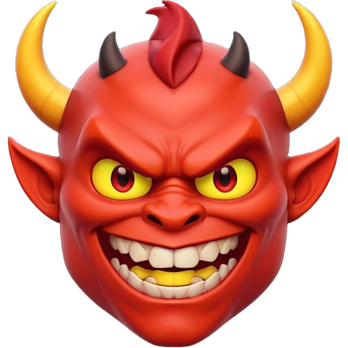 Muscular red devil emoji, black horns, glowing yellow eyes, sharp teeth, evil smile, defined abs, glossy red skin, dramatic lighting, 3D Pixar style, high detail emoji