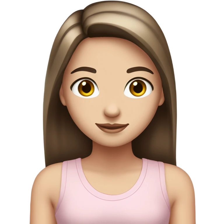 a pretty white girl with a long straight brown hair and blue eyes wearing a light pink tank top. She has long eyelashes and a middle part in her hair. emoji