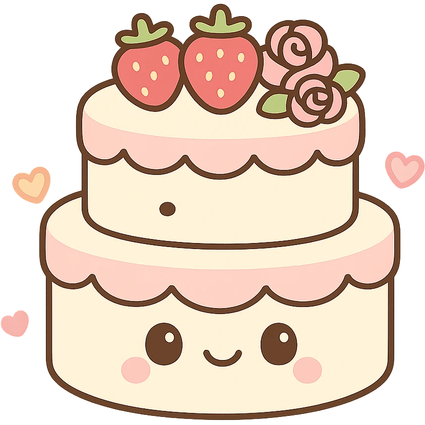 white wedding cake with strawberries, pink roses, no topper, kawaii style emoji