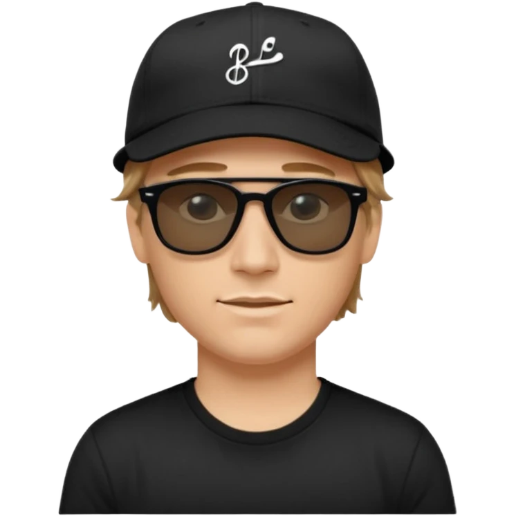 “Emoji of a white man with light brown hair under a black baseball cap, wearing a black t‑shirt and 1980s‑style black Ray‑Ban rectangle sunglasses, with black musical notes floating around his head, modern iOS emoji style. emoji