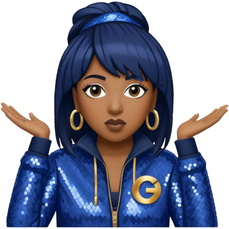 Missy Elliott with jet black hair, indigo sequin outfit emoji