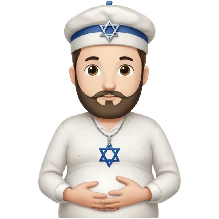 Pregnant Jewish man facing left with hands on belly, wearing a kippah and Star of David necklace, with facial hair emoji