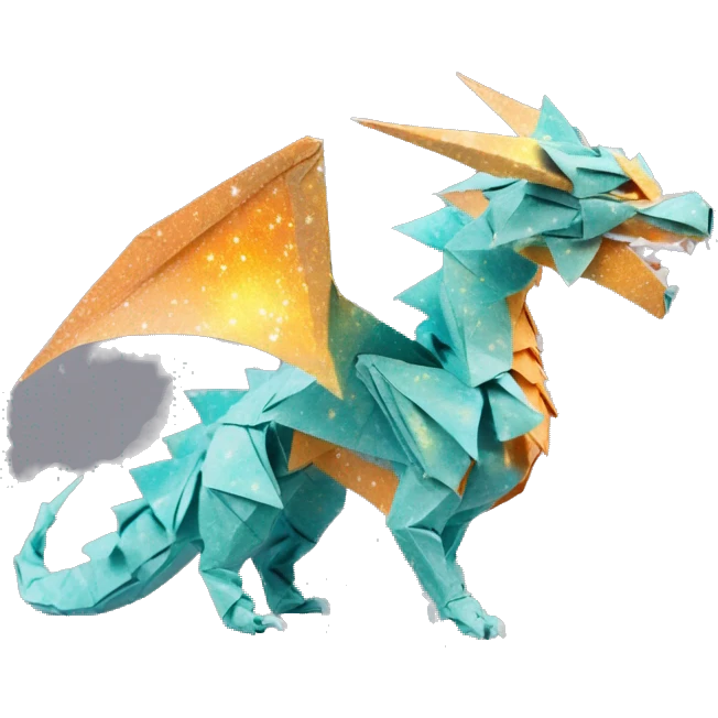 Sparkling patterned Beige Origami dragon with a dried flower crown made of newspapers intricate patterns surrounded by fairy lights nebula galaxy stars swirls iridescent orange cyan yellow emoji