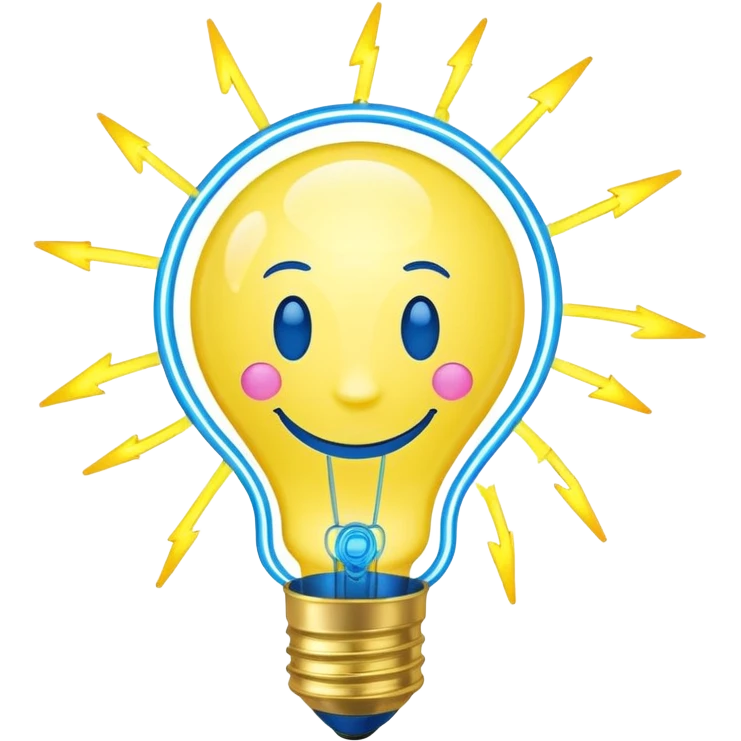 neon yellow lightbulb emoji with smiling face, rotating atom inside, chemical bubbles, electric blue lightning bolt on top, colors #FFD700, #00BFFF, #FF69B4, conveying youthful creativity and science emoji