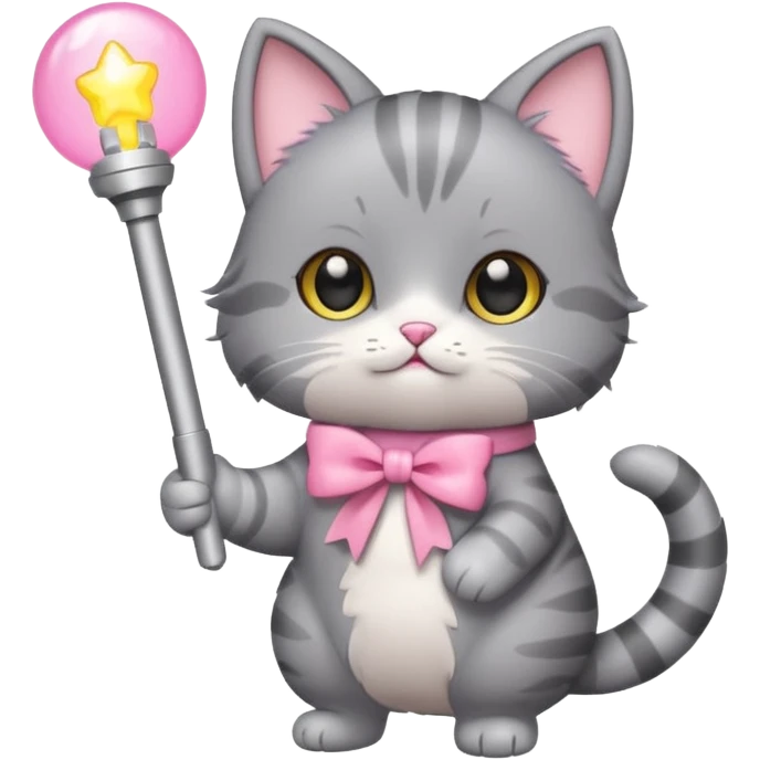 chibi cute gray cat holding a light stick happily emoji