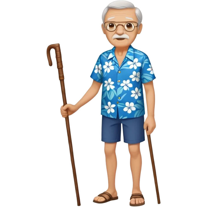 old man with hawai blue floweral shirt  full body with stick emoji
