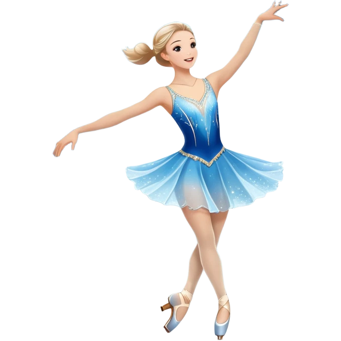 An icon showing a graceful figure skater mid-spin on a sparkling ice rink, wearing an elegant costume. The background features festive arena lights, snowflakes, and cheering spectators. Transparent background captures the beauty, artistry, and elegance of figure skating. emoji