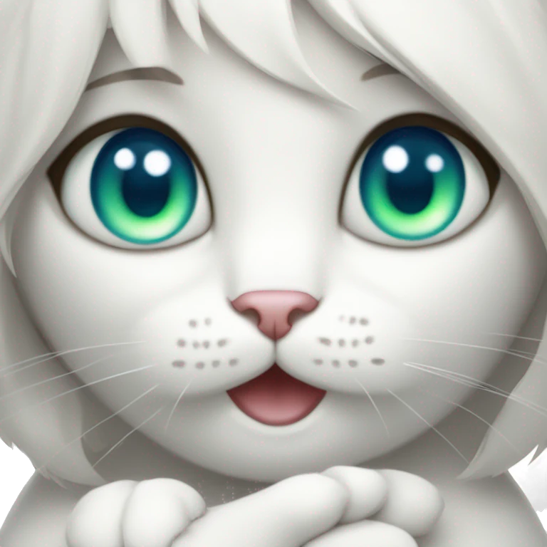 A white cat with blue eyes in the arms of a brunette girl with green eyes emoji