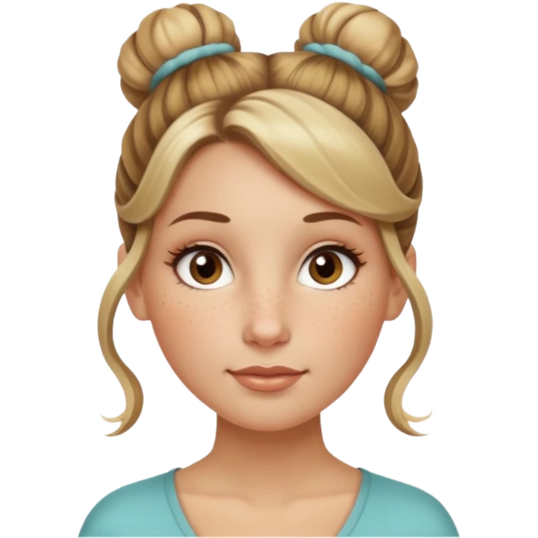 creative women with long dark Blond with highlights semi curly hair white women with hair in a top bun, oval shape face hazel eyes long lashes freckles on the nose high cheek bones emoji
