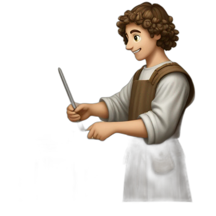 young coin engraver apprentice yielding tool, medieval age emoji