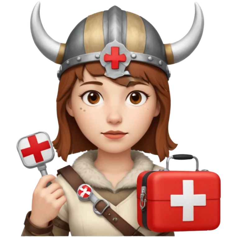 A young woman with short, chestnut-brown hair, styled in a Viking fashion and wearing a horned helmet. She holds a medical kit with a red cross icon in her hand. A stereoscope hangs around her neck. emoji