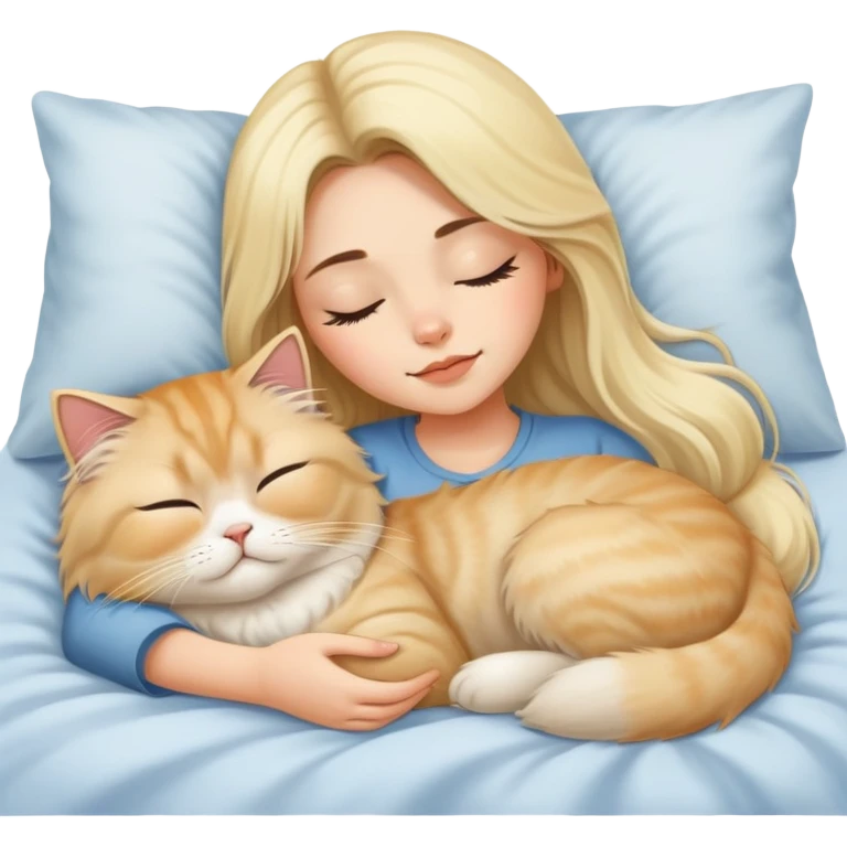 pretty girl with dark long hair sleeping with blonde fluffy  persian cat in bed emoji