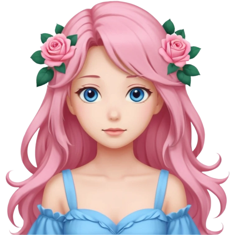 Gorgeous pastel anime lady with roses in long hair and pink dress with blue eyes emoji