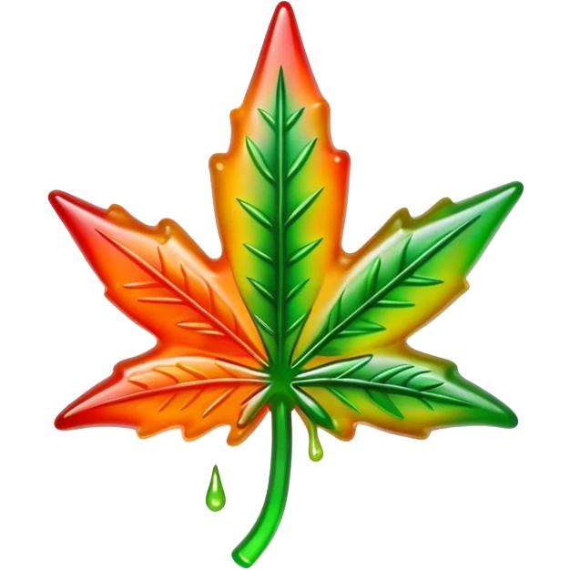 bright colorful gusher gummy shaped like a marijuana leaf with visible liquid center and liquid dripping emoji