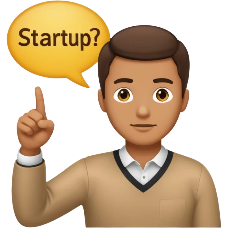a man pointing to a speech bubble with the word 'startup', emoji style emoji