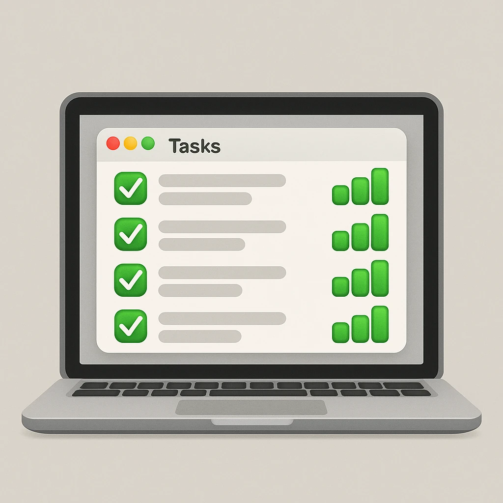Make the bar charts on the MacBook's task management app screen green in the style of apple style emojis emoji