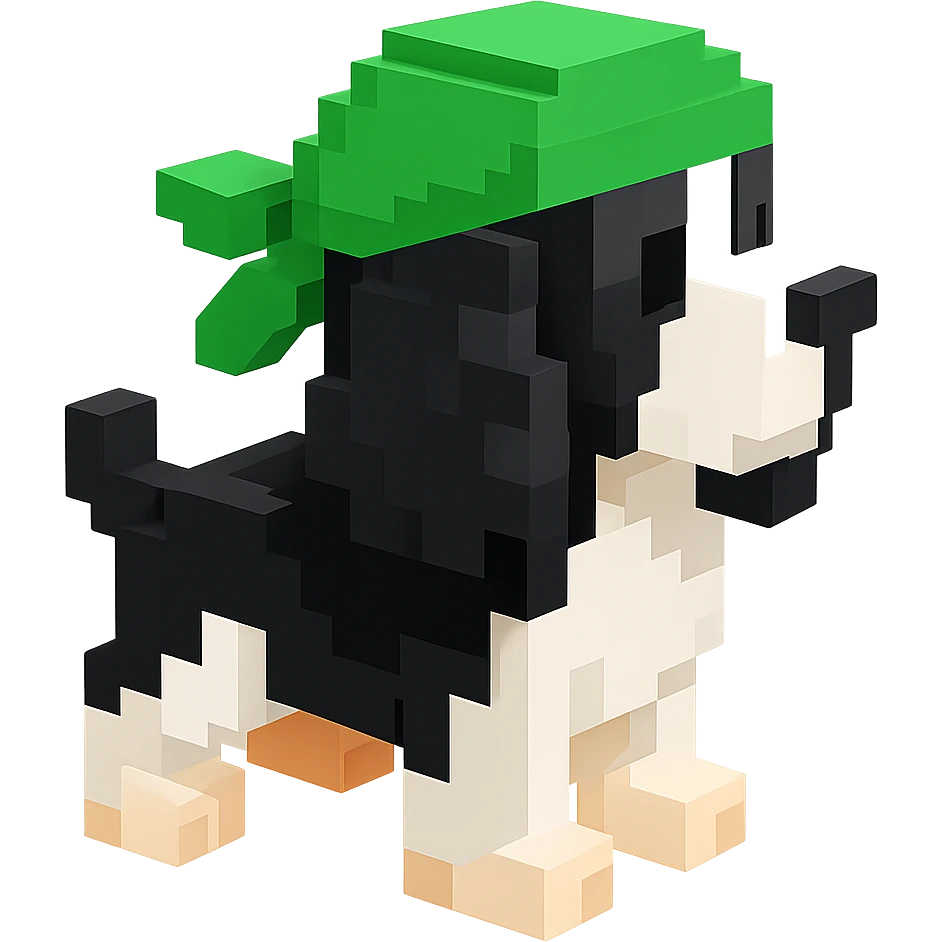 A black and white Russian Cocker Spaniel puppy wearing a green durag, facing right emoji