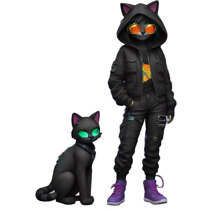 Edgy Anthro cool pretty colorful dark cat-fursona techwear cargo pants hoodie emoji