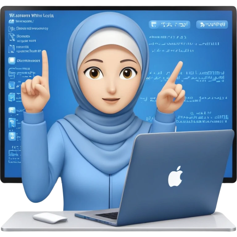 computer engineer with white hijab wearing blue outfit, pointing and gesturing at specific code elements and features on the large digital screen behind her, laptop in front of her, explaining particular parts of her metaverse creation in detail emoji