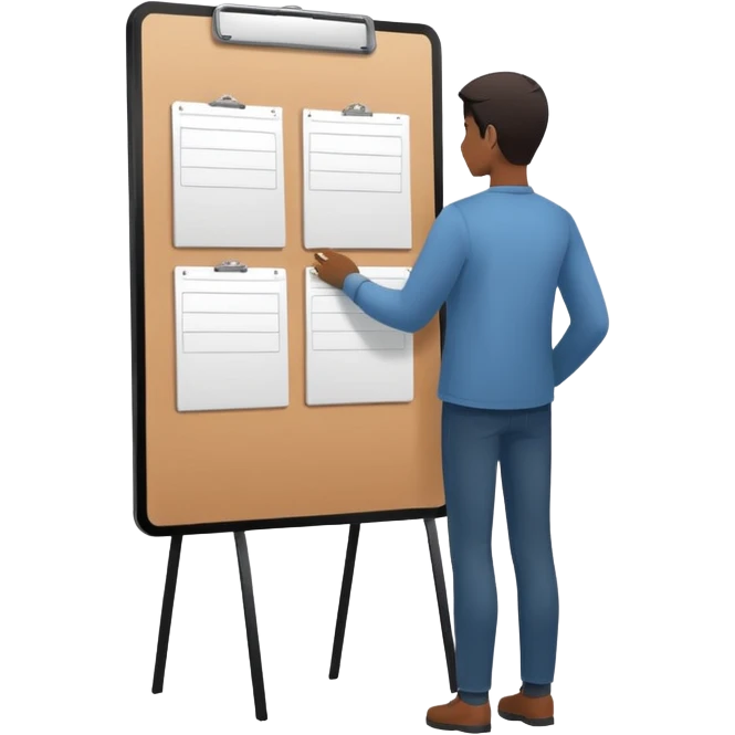 Minimalistic flat vector icon, iOS style, thin black contour on white background. Person silhouette with a project board (kanban/task board) behind. No text, no shadows.
 emoji