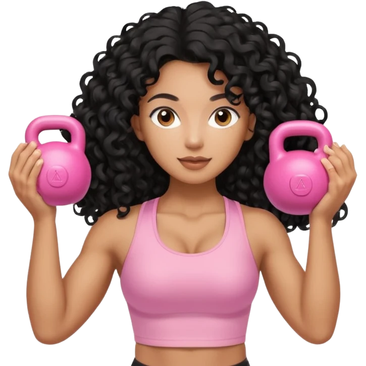 Mixed-race athletic woman with bronzed caramel skin, pastel pink kettlebell in hand with long black curly hair  emoji