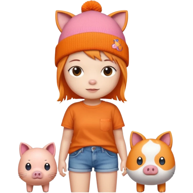 a colorful beanie, orange shirt with a cartoon pig and Japanese text, denim shorts, and accompanied by a small pixelated orange cat.  emoji