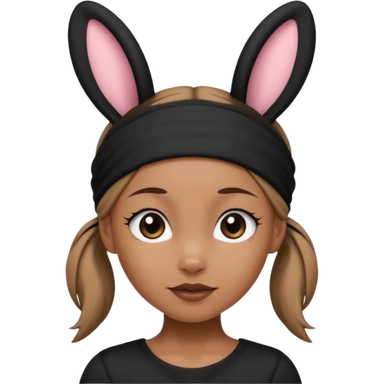"A tan-skinned person with a high brown ponytail wearing a headband with black bunny ears. The character is dressed in a stylish black outfit. The emoji style should be cute, expressive, and modern — simple but detailed enough to show the ponytail, bunny ears, and outfit clearly." emoji