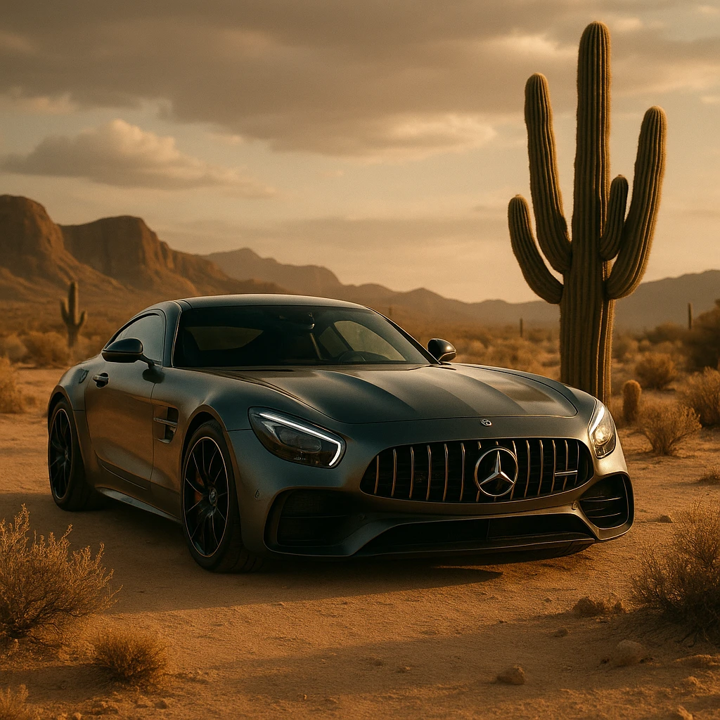 mercedes amg on desert next to cactus faun, cinematic emoji