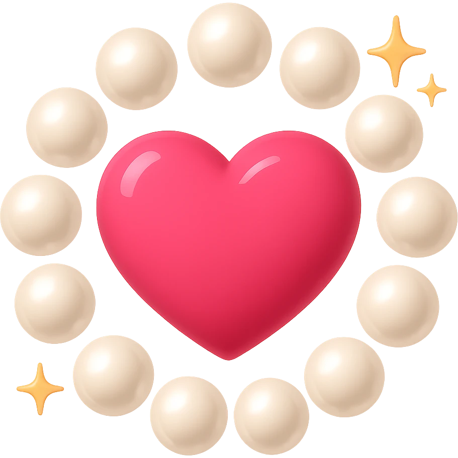 Create a pink heart surrounded by pearls in an emoji style. Add sparkles around the heart. The image should have no background. The style should resemble emoji style with bright colors and simple shapes. emoji