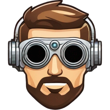 male cyborg head with brown short hair, brown beard, silver steampunk goggles and circuits emoji