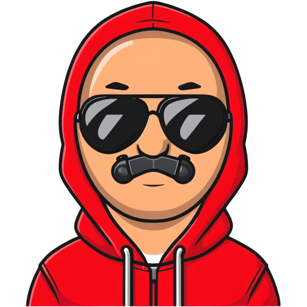 middle-aged man with minor hair growth on upper lip, black aviator sunglasses, red hoodie with hood covering head emoji