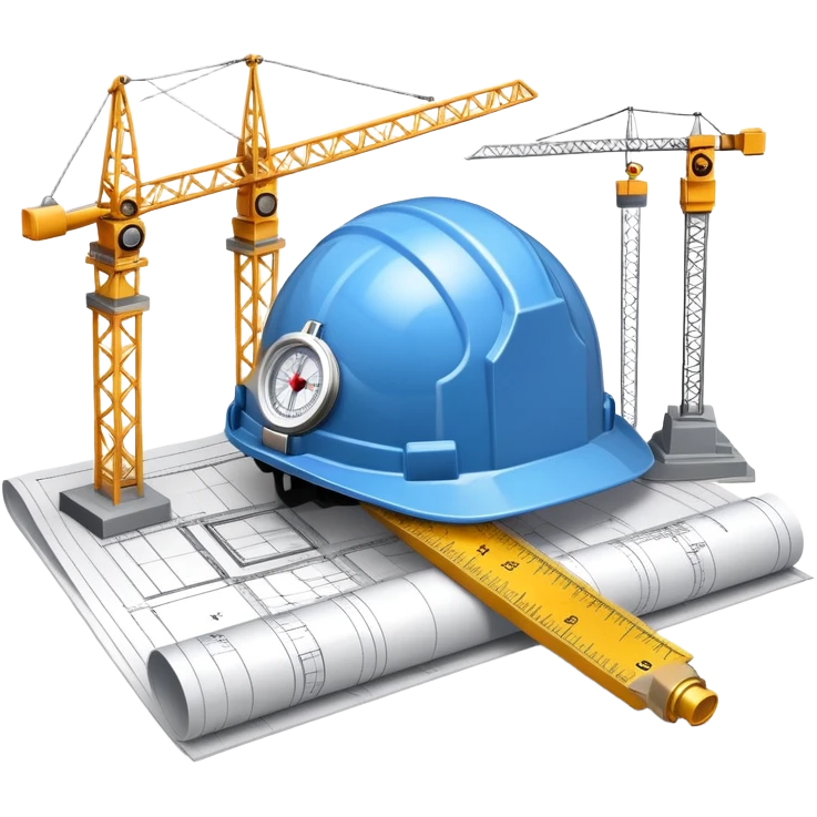 An icon featuring blueprints, a compass, and a construction helmet, symbolizing architecture and construction. The design includes building structures, cranes, and a ruler, representing the design and creation of buildings and urban planning. Transparent background. emoji
