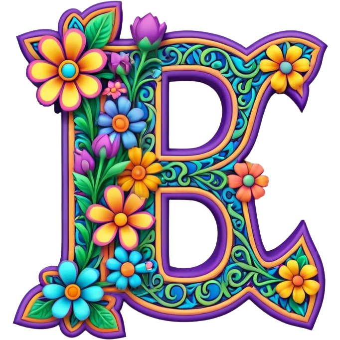 3D, gothic style psychedelic colored Letter “F” with hippie style flower border emoji