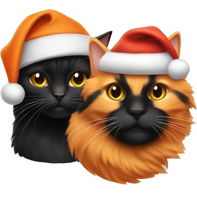 An Orange cat and a black cat wearing Santa hats emoji