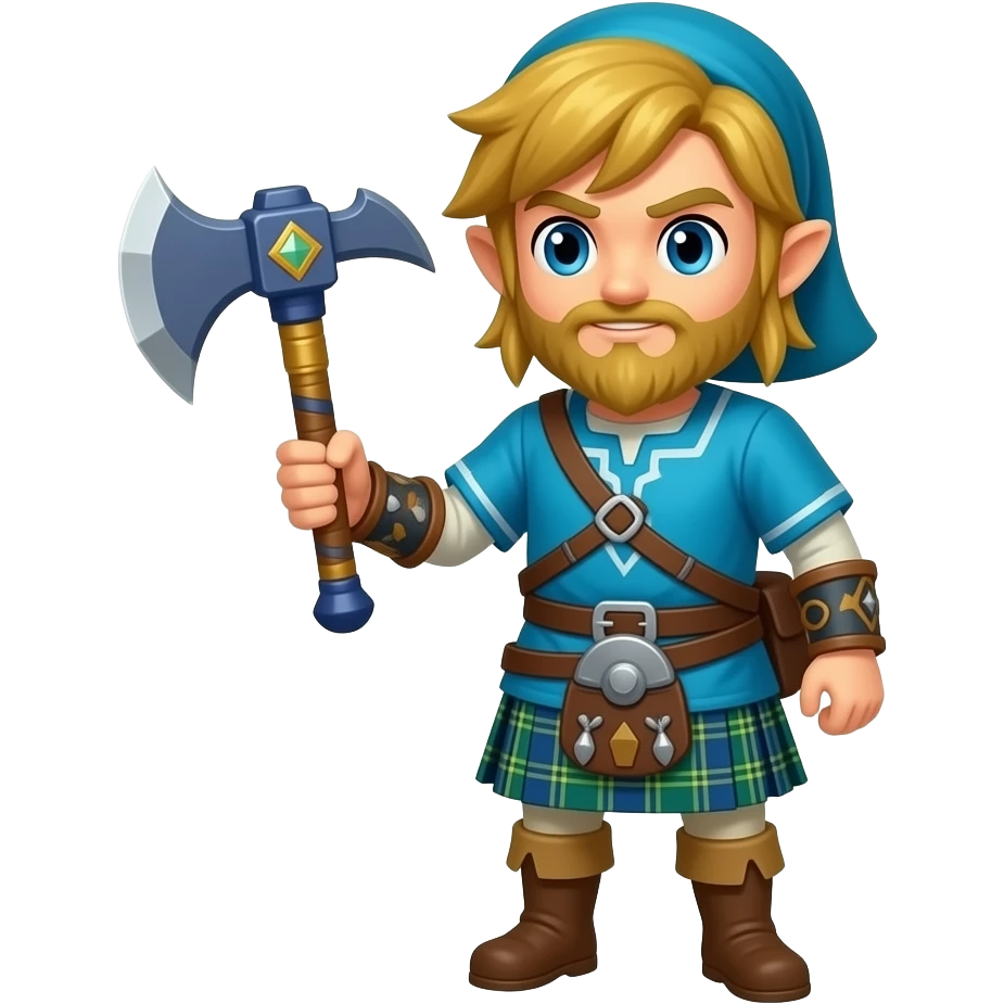 Link zelda in a Scottish kilt with a big beard holding a diamond pickaxe emoji