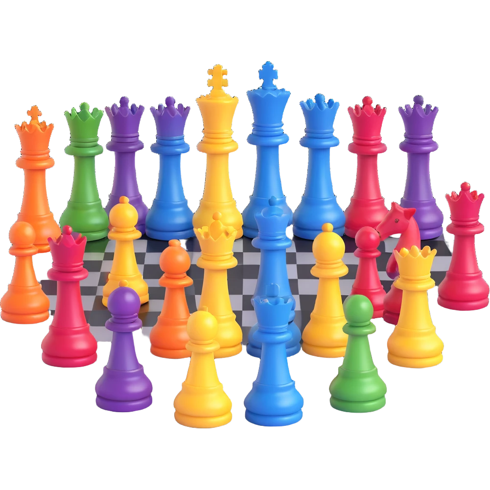 full chess set with all pieces as queens, each queen a different color of the rainbow, glossy finish, elegant emoji