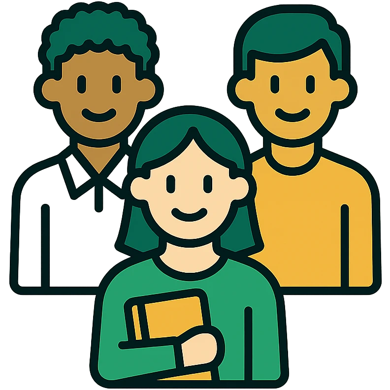 multicultural class of students, professional style, green gold and white color scheme, bold and clear, suitable for digital use emoji