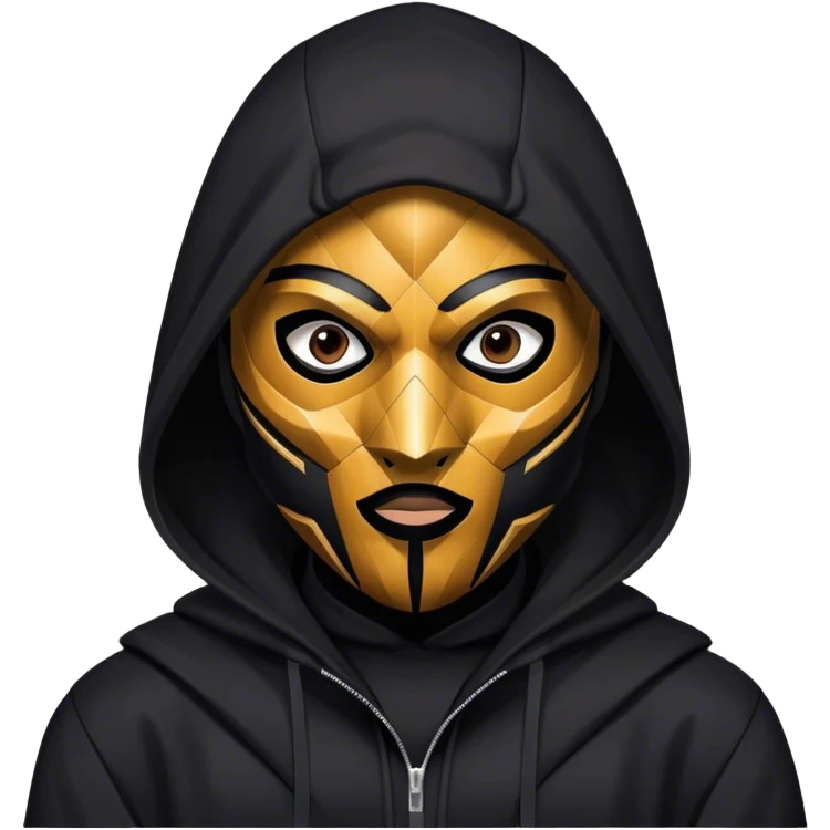 man with black hooded jacket and a only black full-face geometric mask emoji